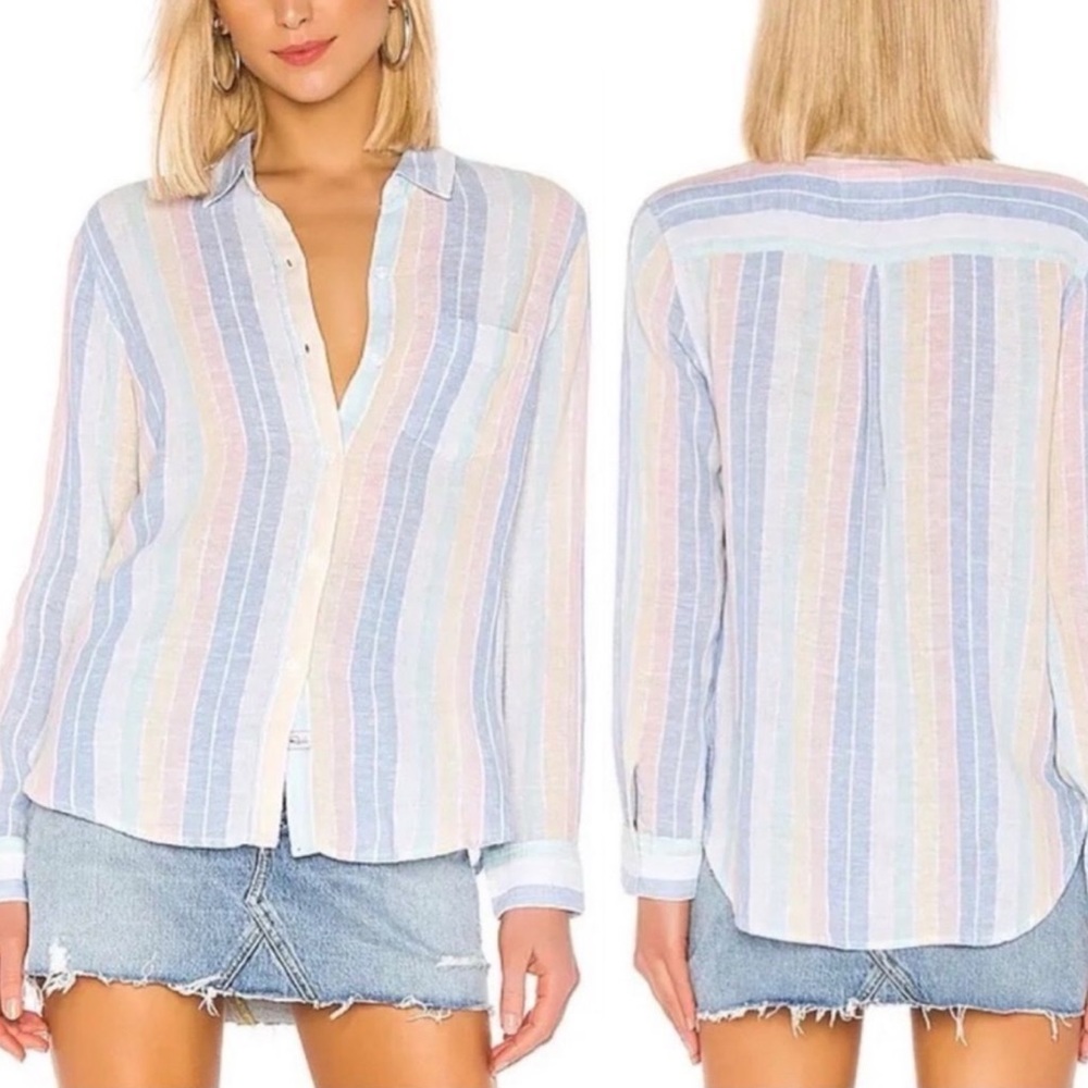 Rails Charli Jubilee Metallic Rainbow Stripe Long Sleeve Linen Button Down Sz XS - Picture 2 of 9